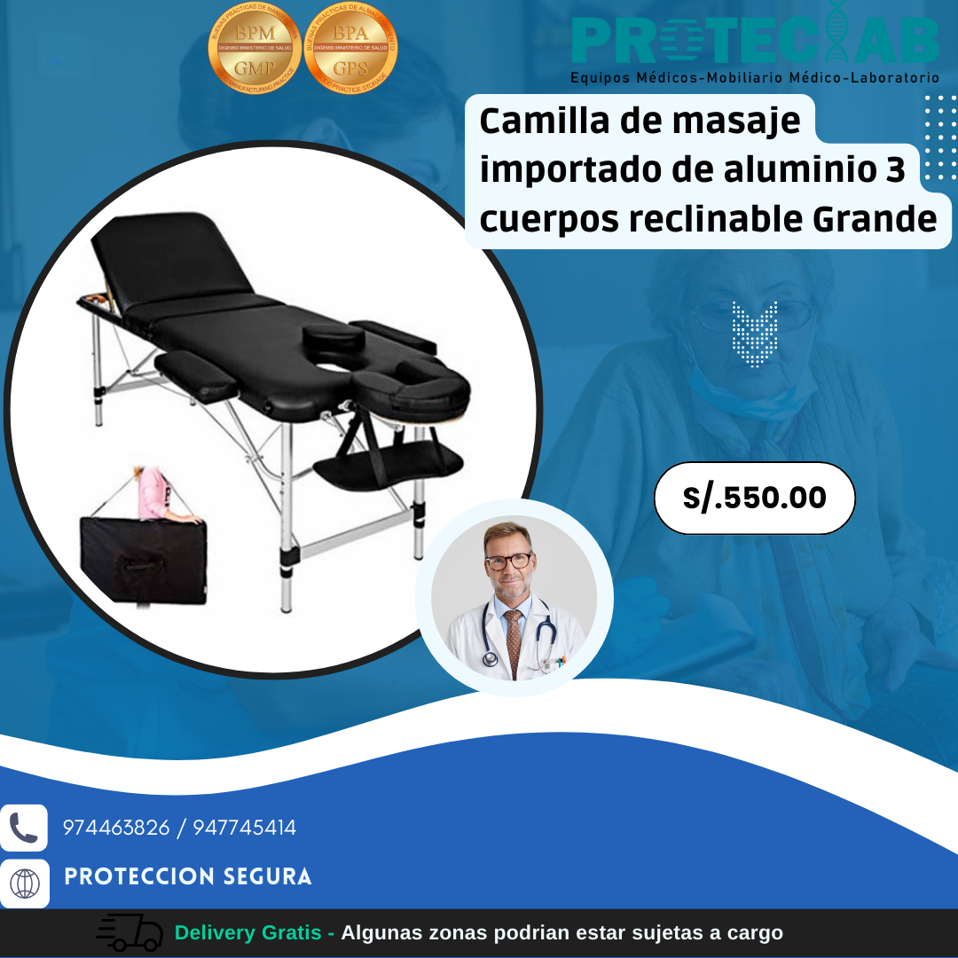 Camilla de masaje importado de aluminio 3 cuerpos reclinable Grande