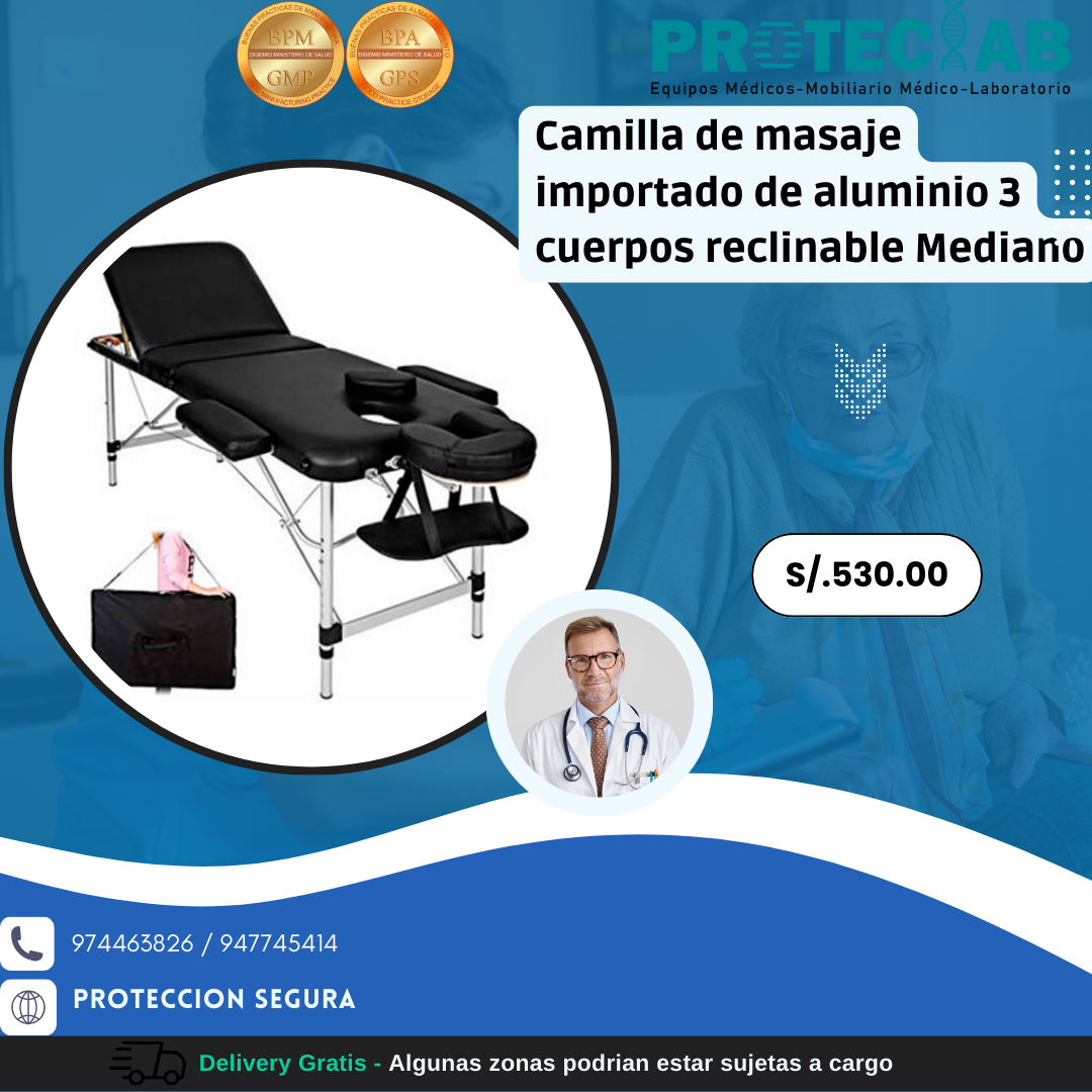 Camilla de masaje importado de aluminio 3 cuerpos reclinable mediano