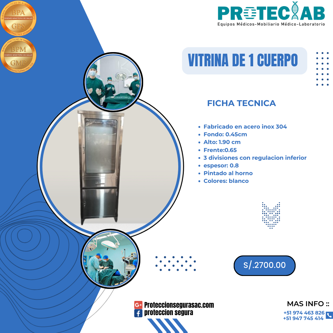 VITRINA DE 1 CUERPO DE ACERO INOXIDABLE 304