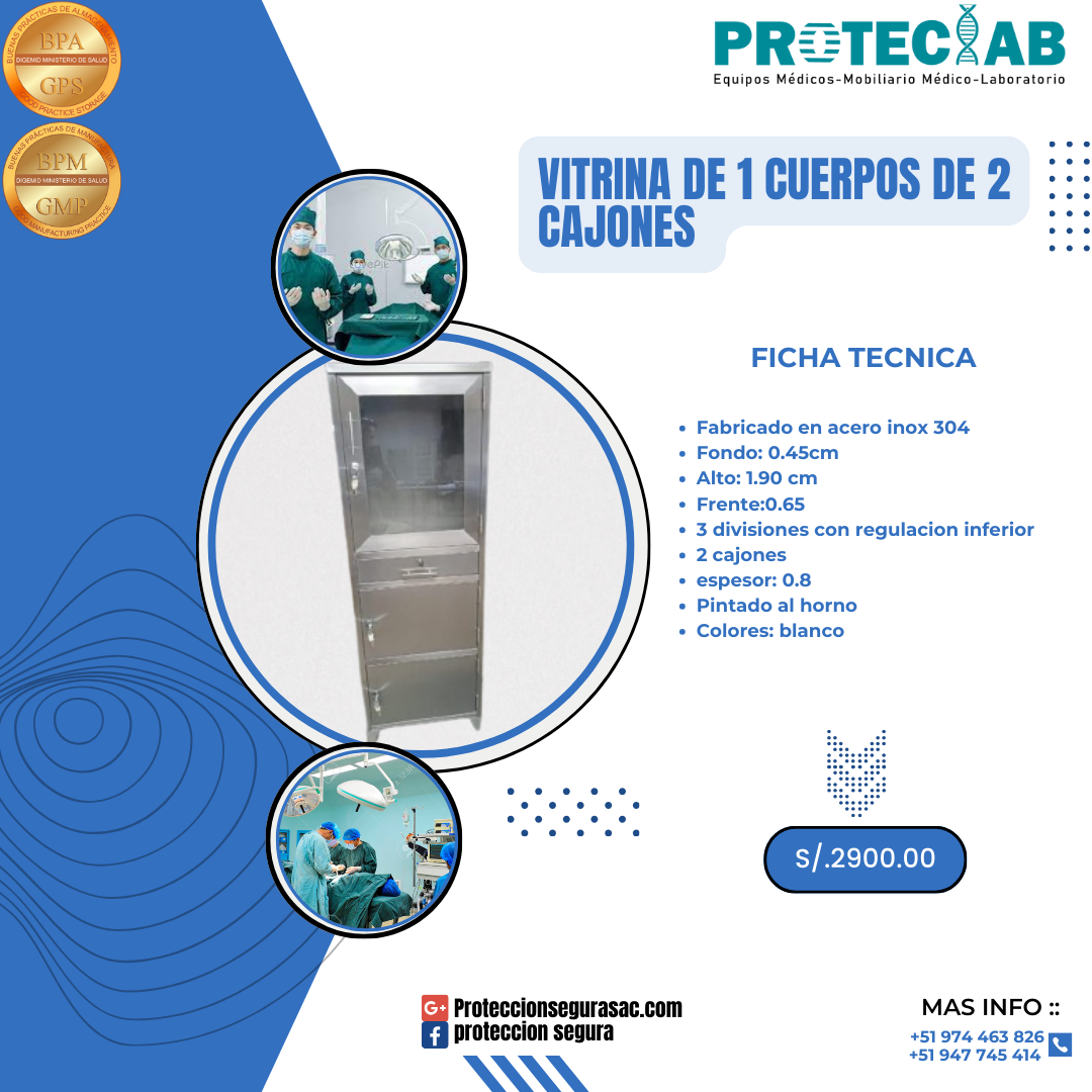 VITRINA DE 1 CUERPOS DE 2 CAJONES DE ACERO INOX 304