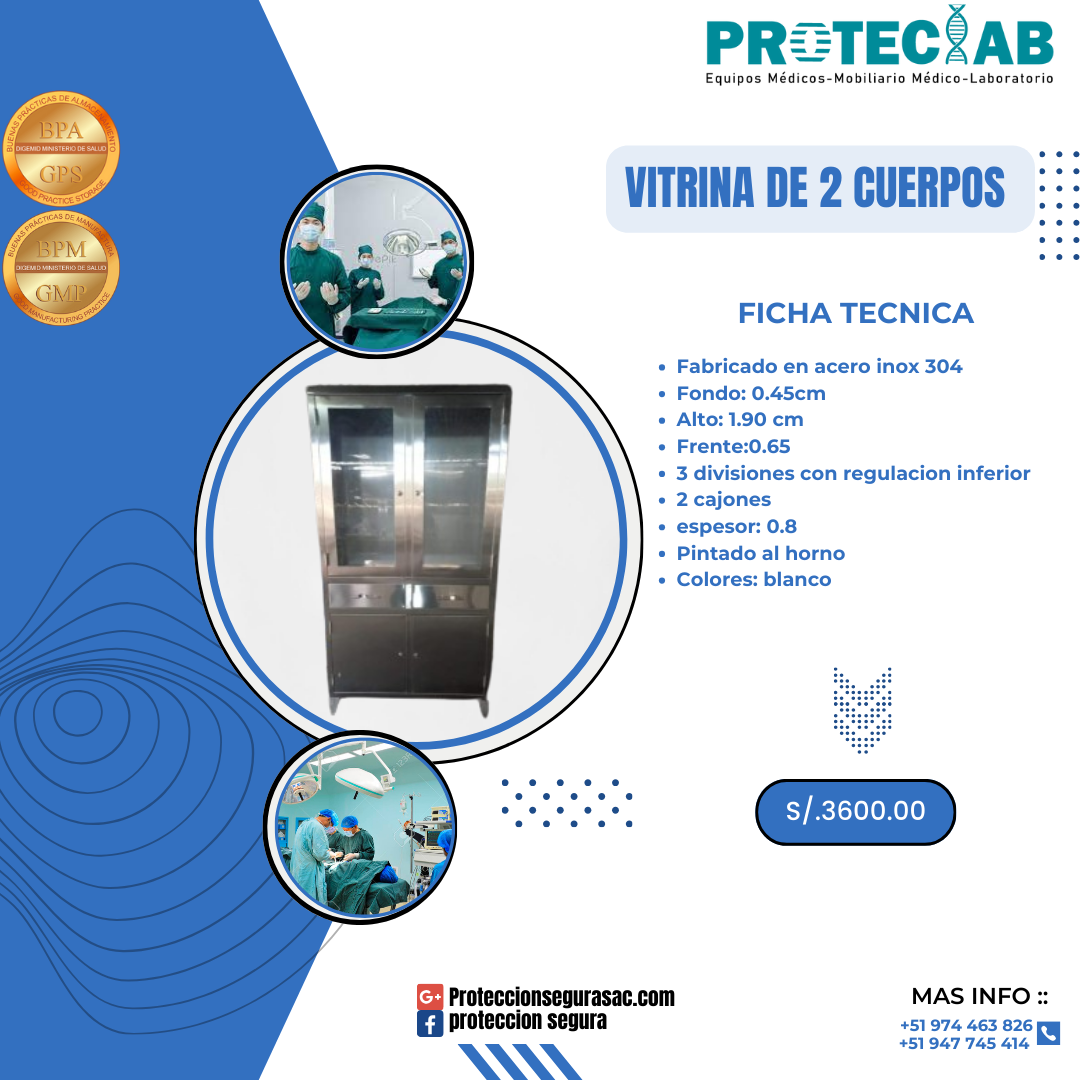 VITRINA DE 2 CUERPOS DE ACERO INOX 304