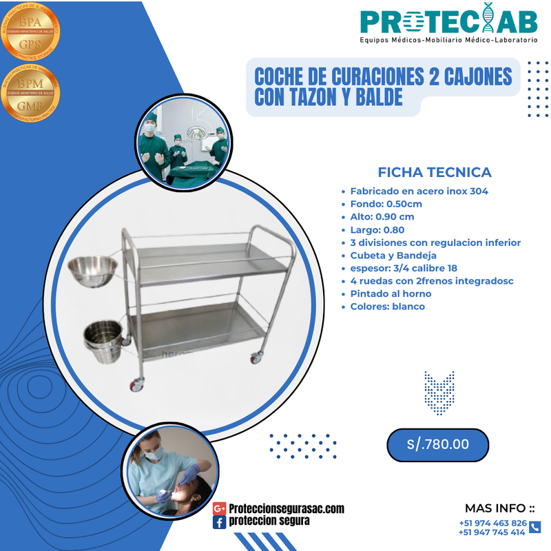 COCHE DE CURACIONES DE 2 CAJONES CON TAZON Y BALDE